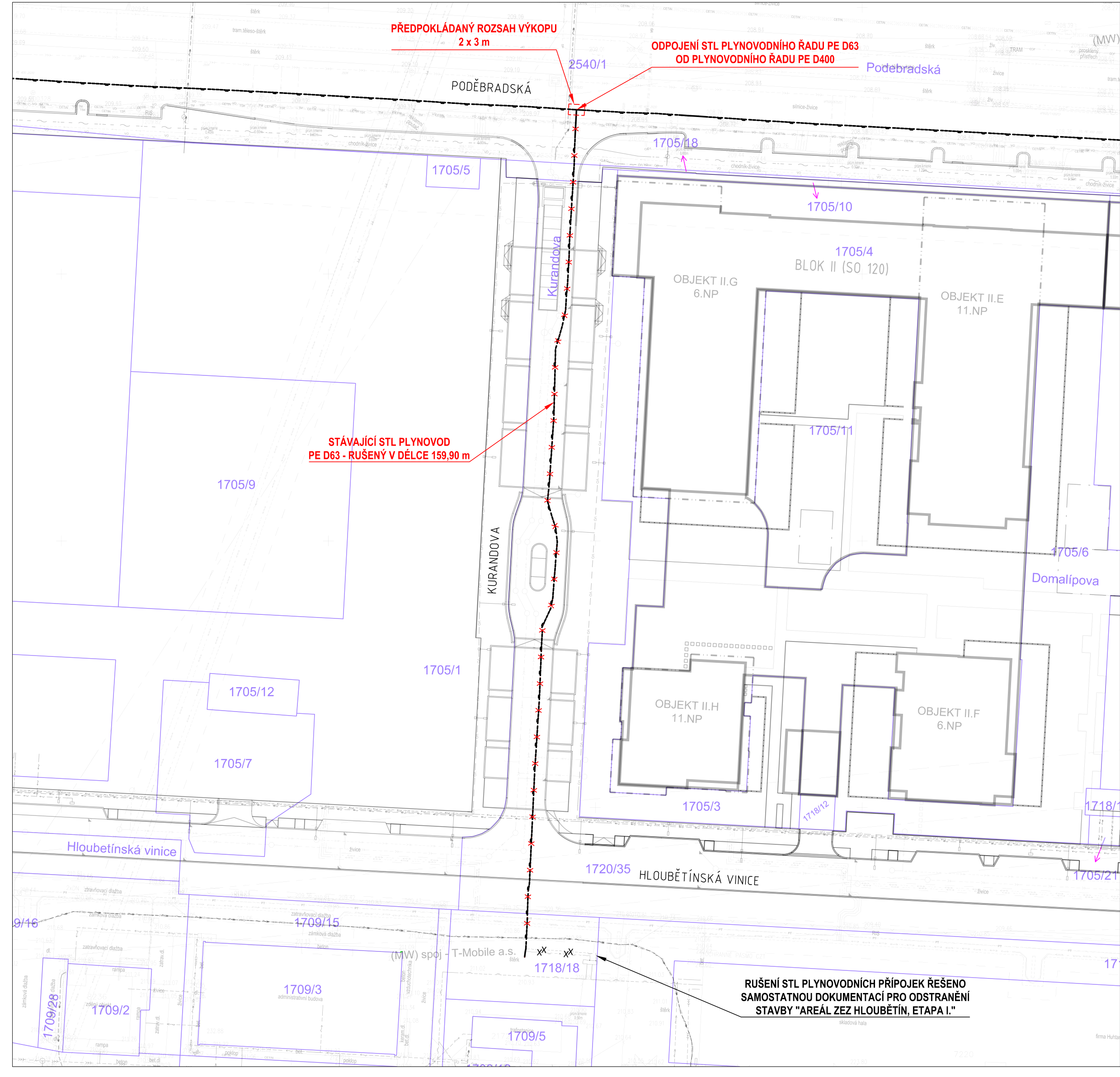 Koordinační situace odpojování a rušení stávajícího STL plynovodu na parcelách v lokalitě Poděbradská.