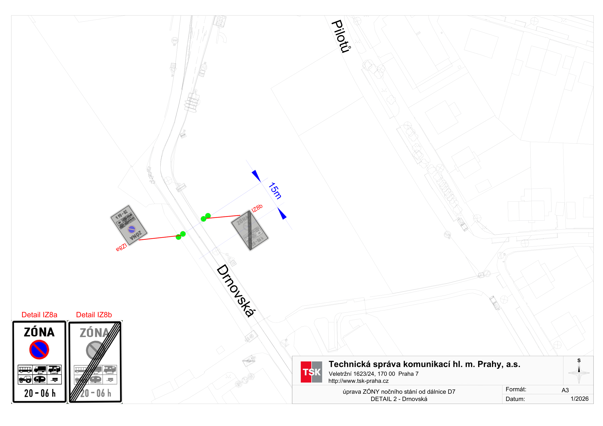 Situační nákres dopravního značení (zóny nočního stání) na ulici Drnovská.