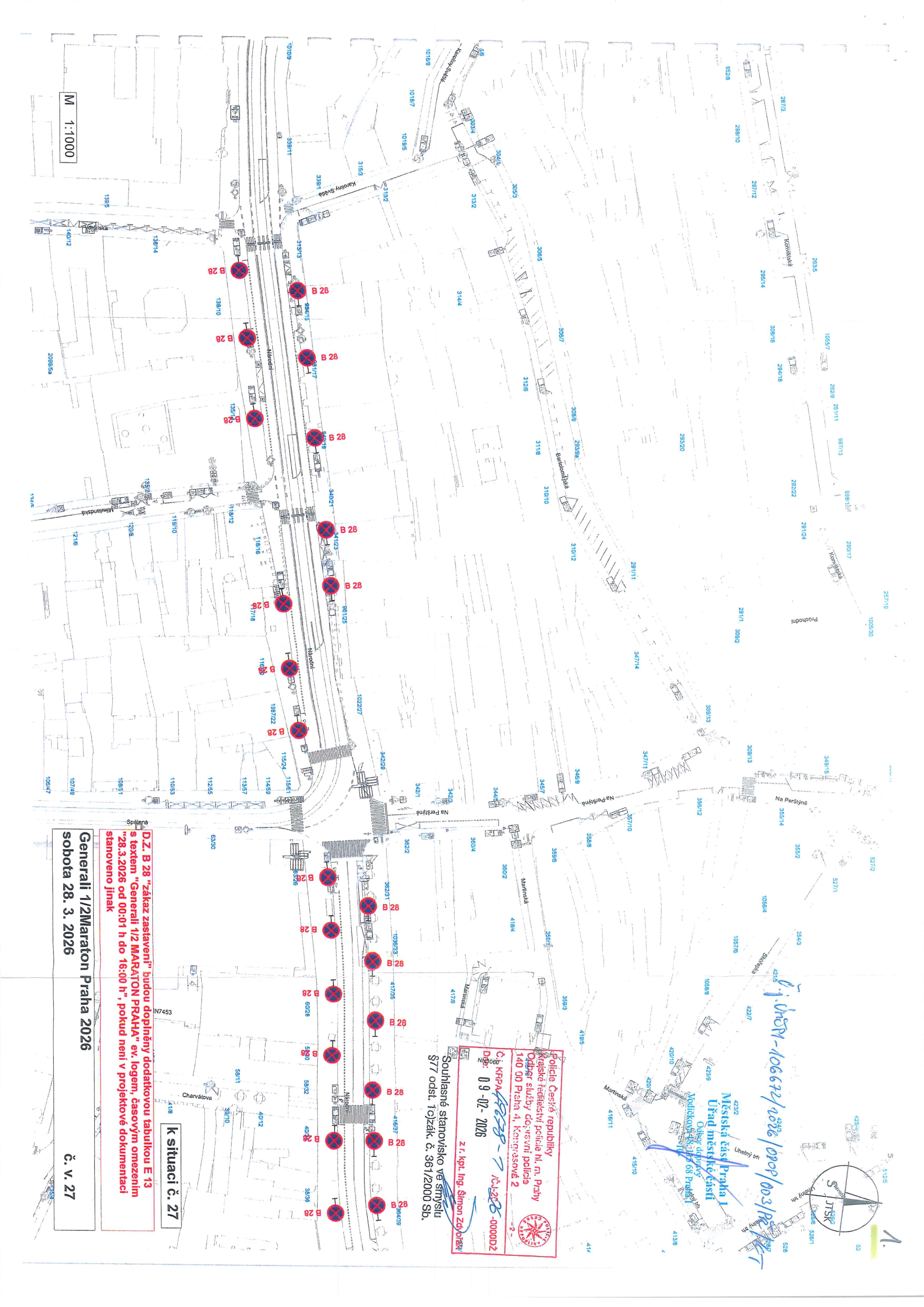Situační nákres dopravního značení pro akci "Generali 1/2Maraton Praha 2026".