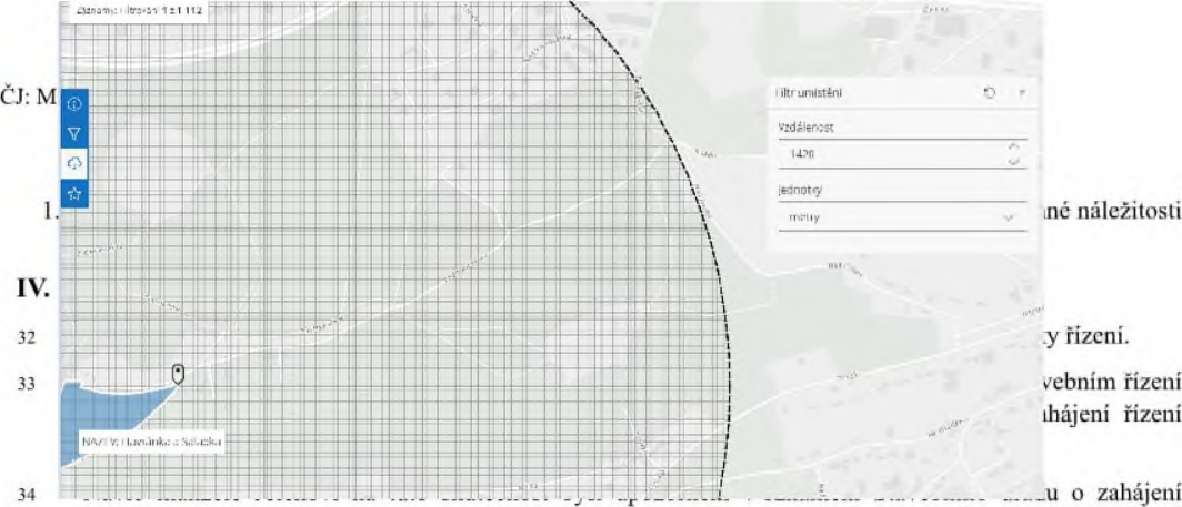 Výřez mapy s vyznačeným okruhem (filtrem) o poloměru 1478 metrů pro účely stavebního nebo správního řízení.
