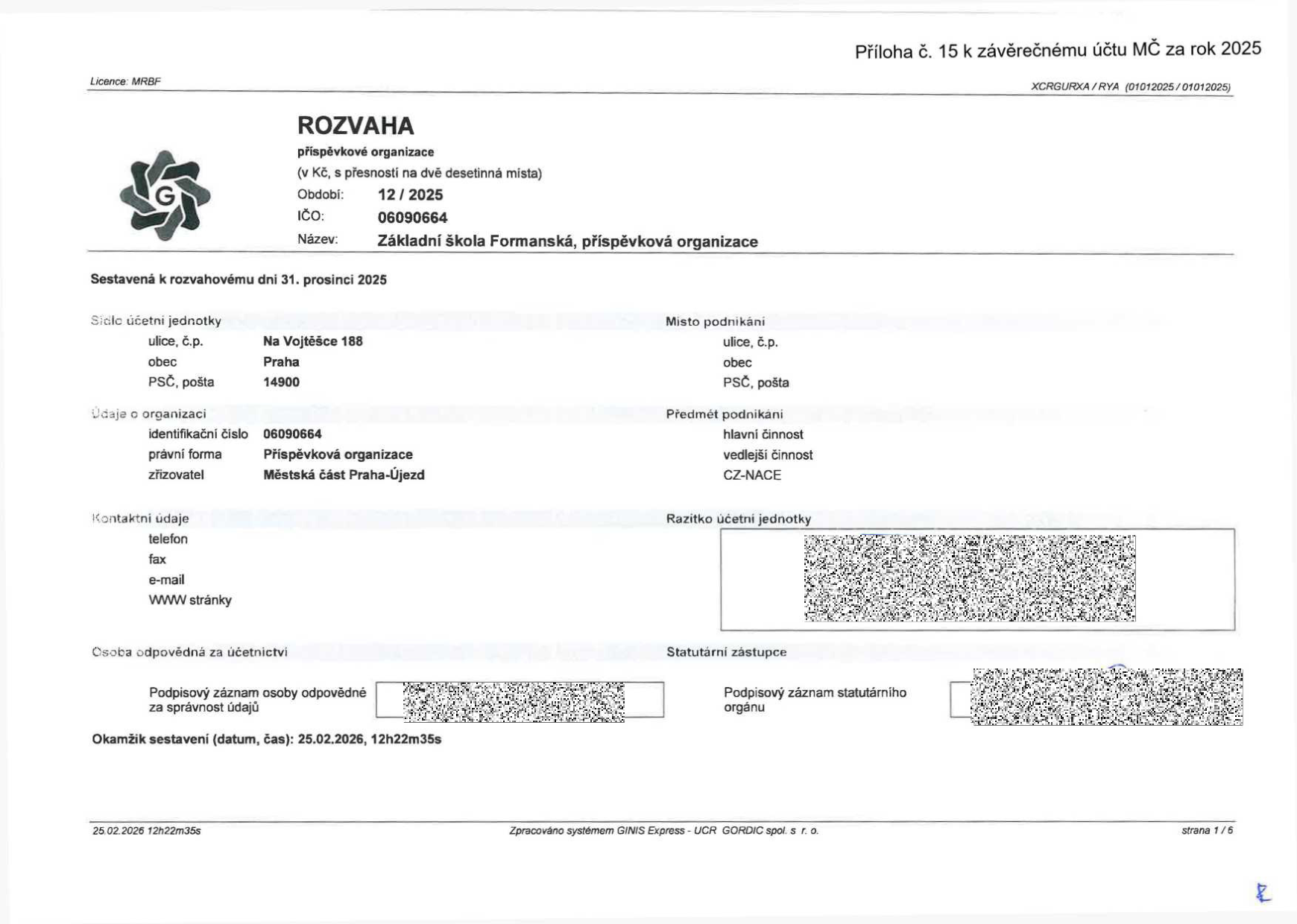 Rozvaha příspěvkové organizace Základní škola Formanská, příspěvková organizace, IČO: 06090664. Sestaveno k 31. prosinci 2025. Sídlo: Na Vojtěšce 188, Praha, 149 00. Zřizovatel: Městská část Praha-Újezd. Dokument je přílohou č. 15 k závěrečnému účtu MČ za rok 2025. Okamžik sestavení: 25.02.2026, 12h22m35s.