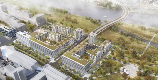 Vizualizace projektu bytové výstavby v městské zástavbě u řeky. Obrázek zobrazuje moderní bytové domy se zelenými střechami, vnitřní dvory, přilehlé parkové plochy a silniční infrastrukturu včetně mostu přes řeku.