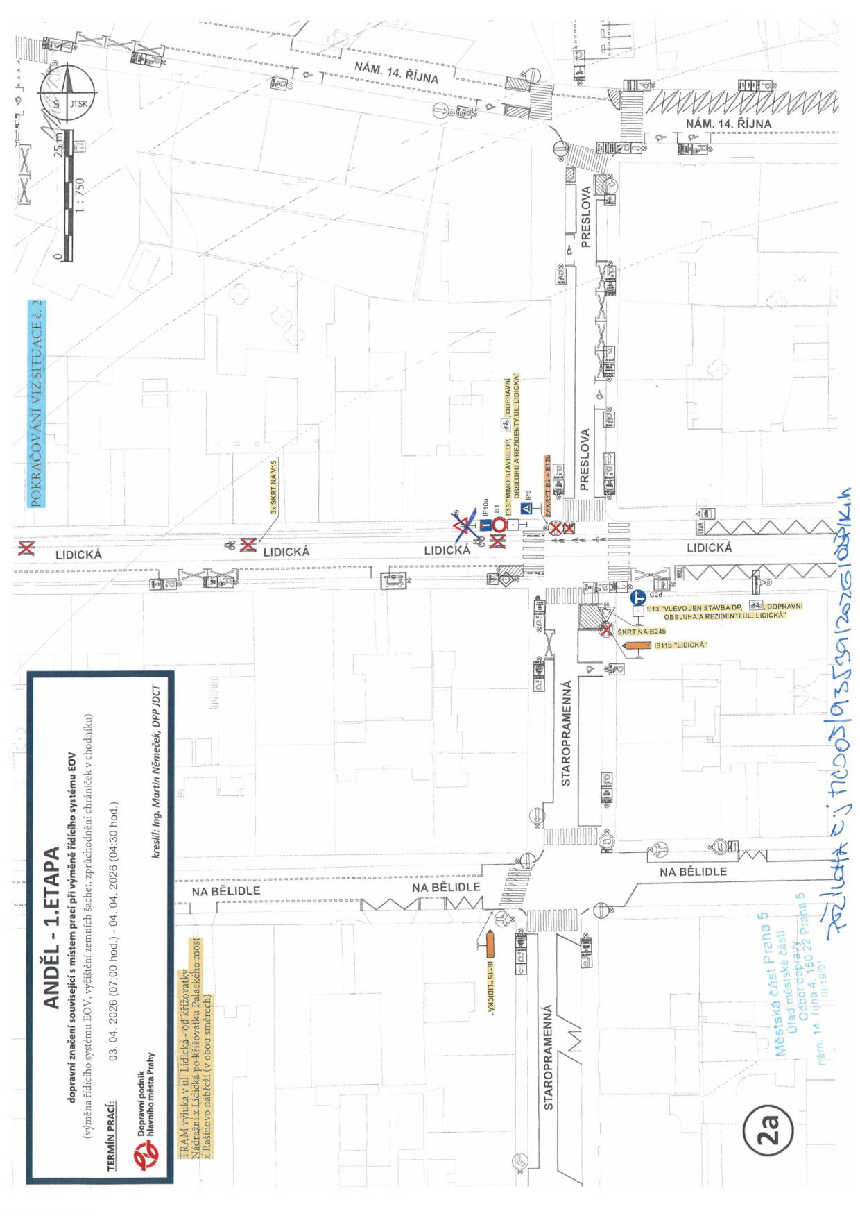 Situační nákres dopravního značení pro 1. etapu prací v ulici Lidická.