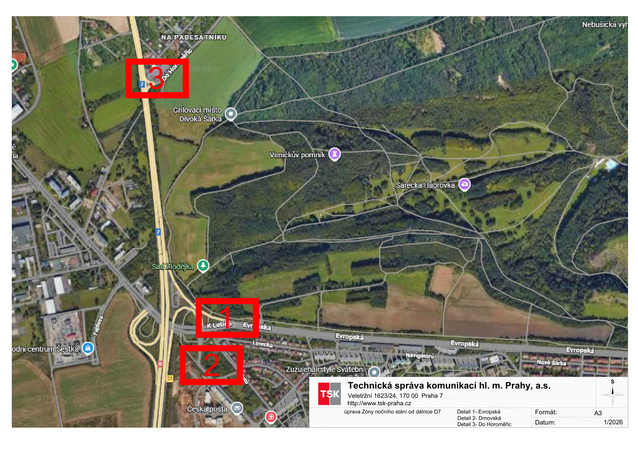 Ortofoto mapa s vyznačenými lokalitami detailů úpravy zóny nočního stání od dálnice D7.