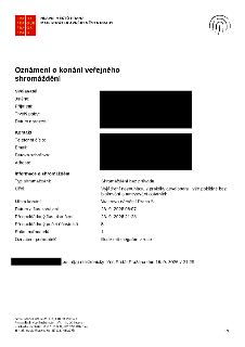 Oznámení o konání veřejného shromáždění od Magistrátu hl. m. Prahy. Svolavatel: osobní údaje začerněny. Typ shromáždění: Shromáždění bez průvodu. Účel: Vyjádře…