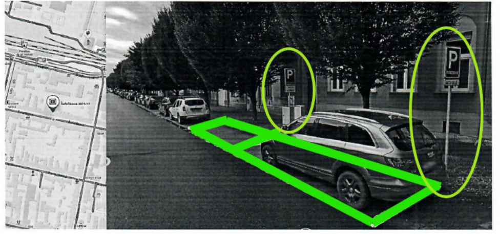 Situační nákres parkovacího místa na ulici Šafaříkova 3071/17. Obrázek obsahuje výřez mapy s vyznačenou polohou a fotografii ulice se zvýrazněným parkovacím stáním a dopravním značením (parkovací značky s dodatkovými tabulkami).