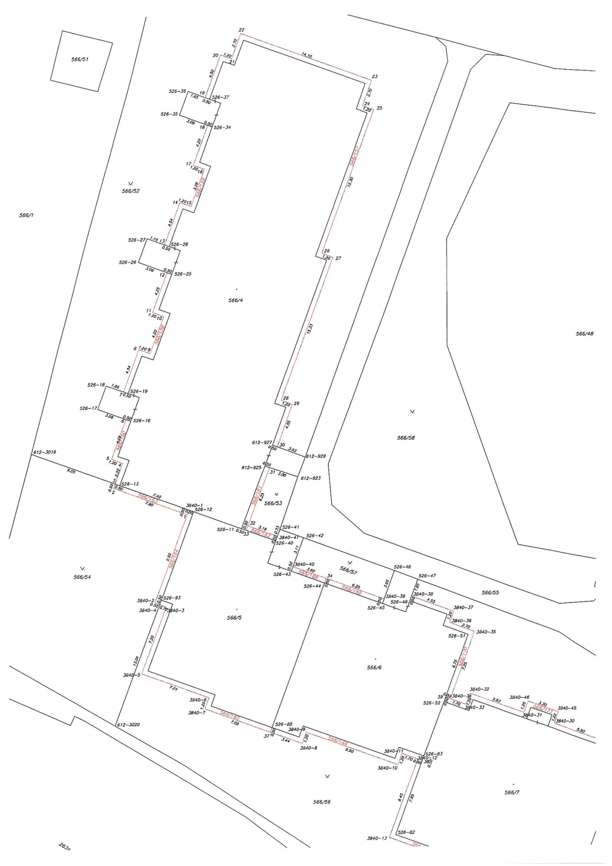 Katastrální mapa zobrazující parcely a budovy s číselným označením. Identifikovaná čísla parcel: 566/1, 566/51, 566/52, 566/4, 566/58, 566/53, 566/57, 566/55, 566/54, 566/5, 566/6, 566/7, 566/56. Mapa obsahuje technické body a kóty (např. 526-36, 526-37, 3840-30, 3840-45, 612-3019, 612-3020) a červeně vyznačené úseky s číselným označením (např. 566/157, 566/160, 566/161, 566/162, 566/163, 566/164, 566/165, 566/166, 566/167, 566/168, 566/169, 566/170, 566/171).