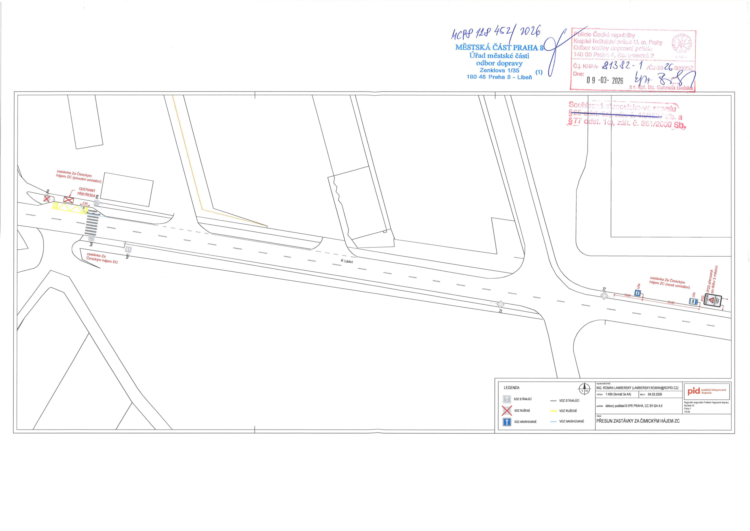 Situační nákres plánovaného přemístění autobusové zastávky Za Čimickým hájem v Praze.
