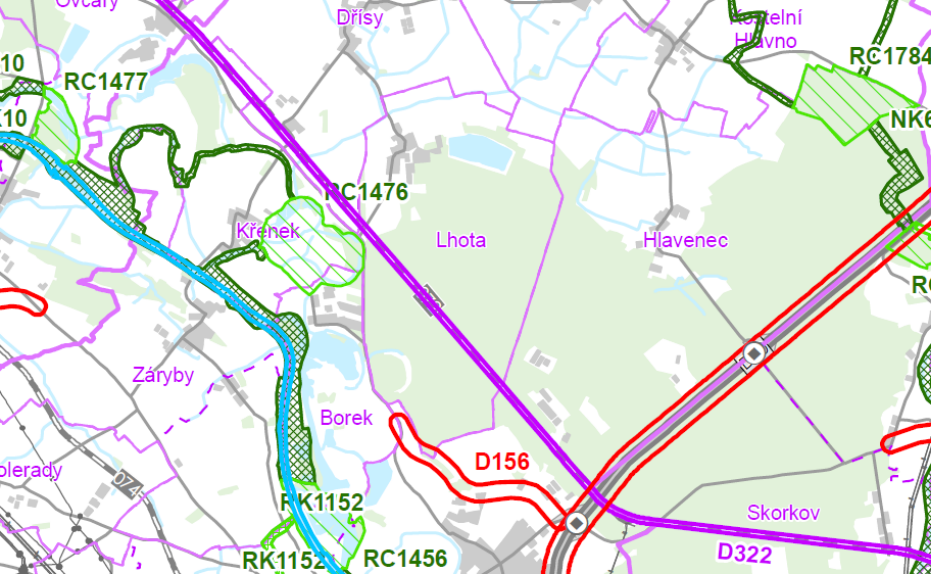 Výřez územního plánu s vyznačenými obcemi a infrastrukturou v okolí obcí Křenek, Lhota a Hlavenec.