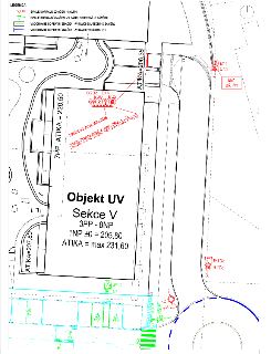 Situační nákres dopravního značení a projektu budovy 'Objekt UV Sekce V 3PP - 8NP, 1NP ±0 = 205,80, ATIKA = max 231,60'. Legenda: Svislé dopravní značení - náv…