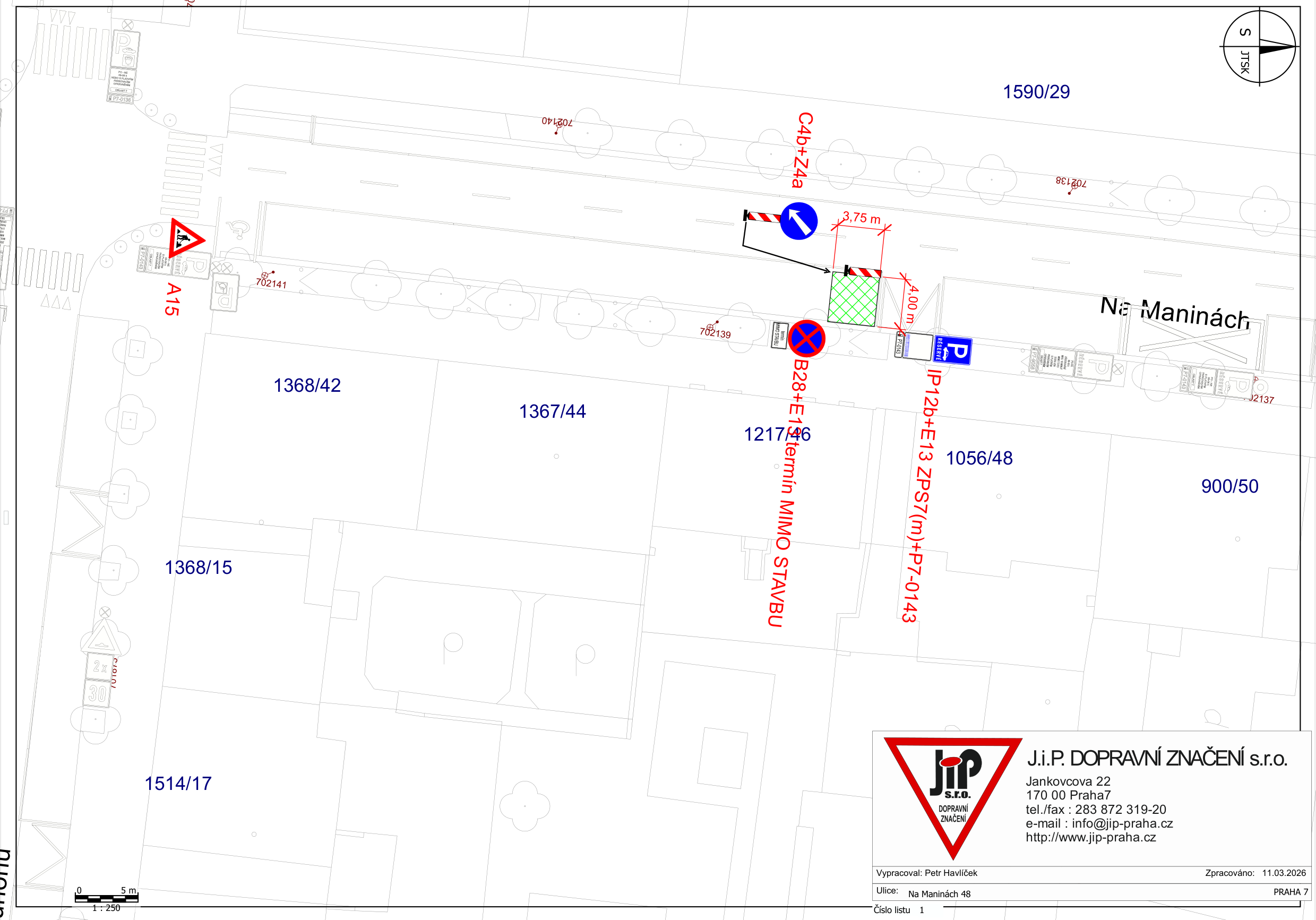 Situační nákres dopravního značení pro stavbu v ulici Na Maninách.