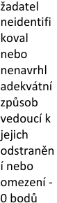 Text z úředního dokumentu: 'žadatel neidentifikoval nebo nenavrhl adekvátní způsob vedoucí k jejich odstranění nebo omezení - 0 bodů'