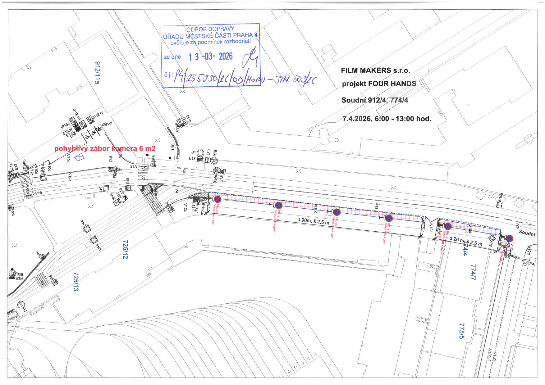 Situační nákres dopravního značení pro zábor komunikace při filmování v ulici Soudní.