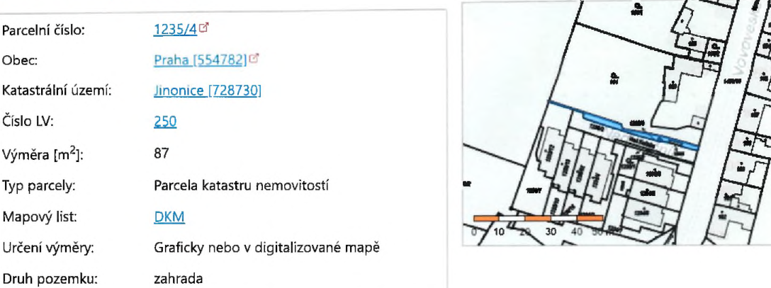Výpis z katastru nemovitostí a výřez katastrální mapy pro parcelu č. 1235/4 v k.ú. Jinonice.