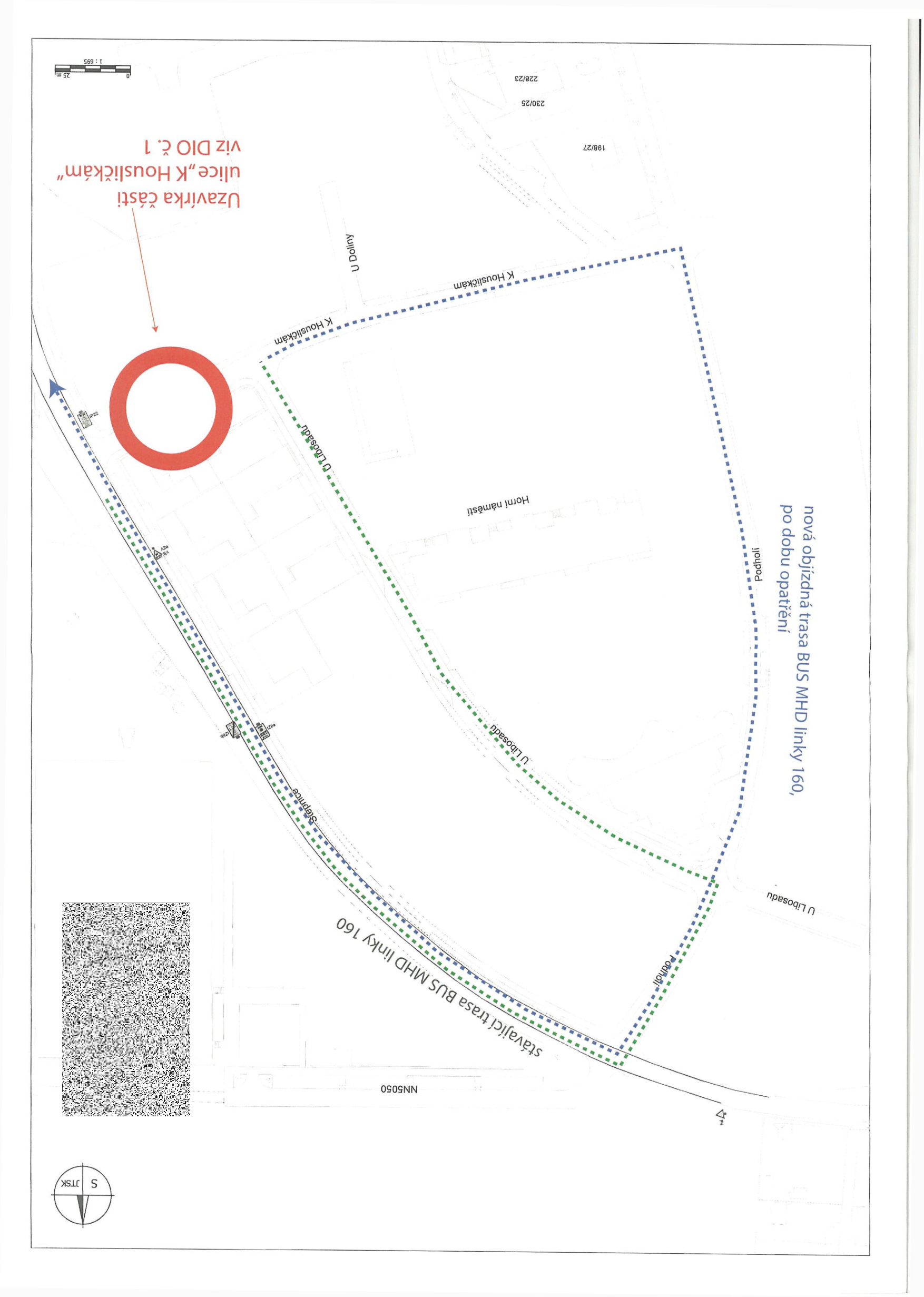 Situační nákres objízdné trasy autobusové linky 160 v souvislosti s uzavírkou ulice K Housličkám.