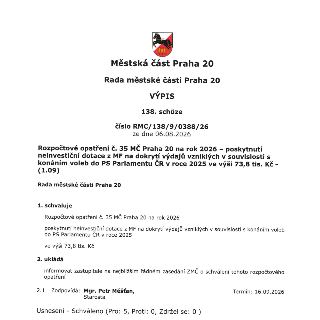Výpis ze 138. schůze Rady městské části Praha 20, číslo RMC/138/9/0388/26 ze dne 06.08.2026. Předmětem je Rozpočtové opatření č. 35 MČ Praha 20 na rok 2026 týk…