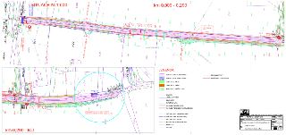Situační nákres dopravního řešení (Koordinační situační výkres) pro komunikaci od ulic nad rybníkem směrem k ČOV, MČ Praha-Běchovice. Obsahuje mapu trasy od km…