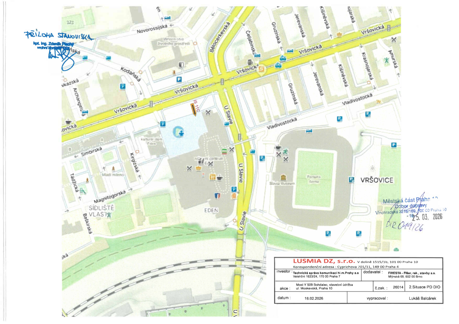 Situační nákres dopravního značení v oblasti ulice U Slavie a Vršovická u stadionu Fortuna Arena.