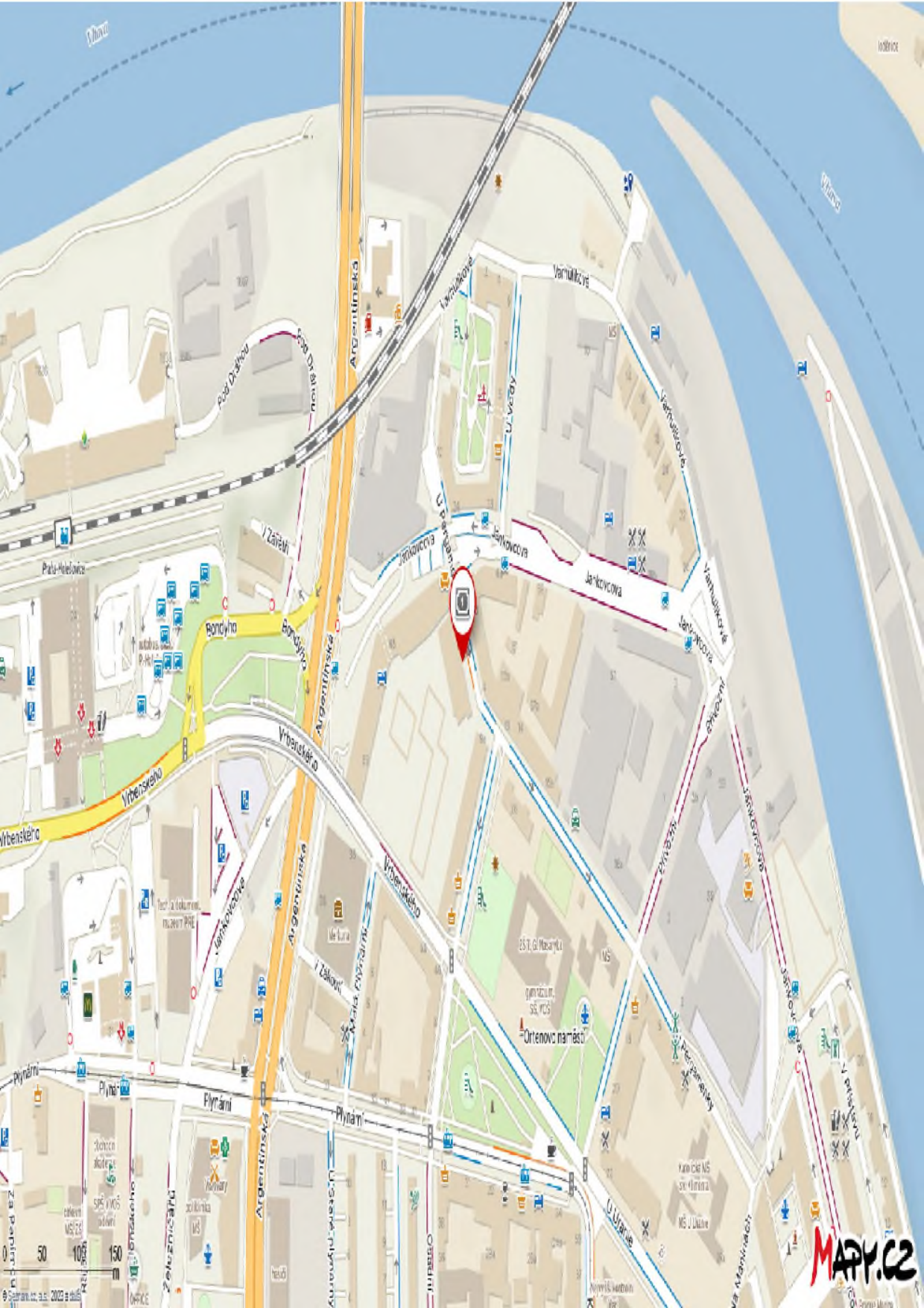 Mapa oblasti Praha-Holešovice z portálu Mapy.cz. Zobrazené ulice: Argentinská, Jankovcova, Vrbenského, Plynární, U Pergamenky, U Vody, Varhulíkové, Dělnická, Ortenovo náměstí. V mapě je červeným špendlíkem označena konkrétní lokalita v blízkosti křižovatky ulic Jankovcova a U Pergamenky. V dolní části je měřítko (0, 50, 100, 150 m) a logo Mapy.cz.