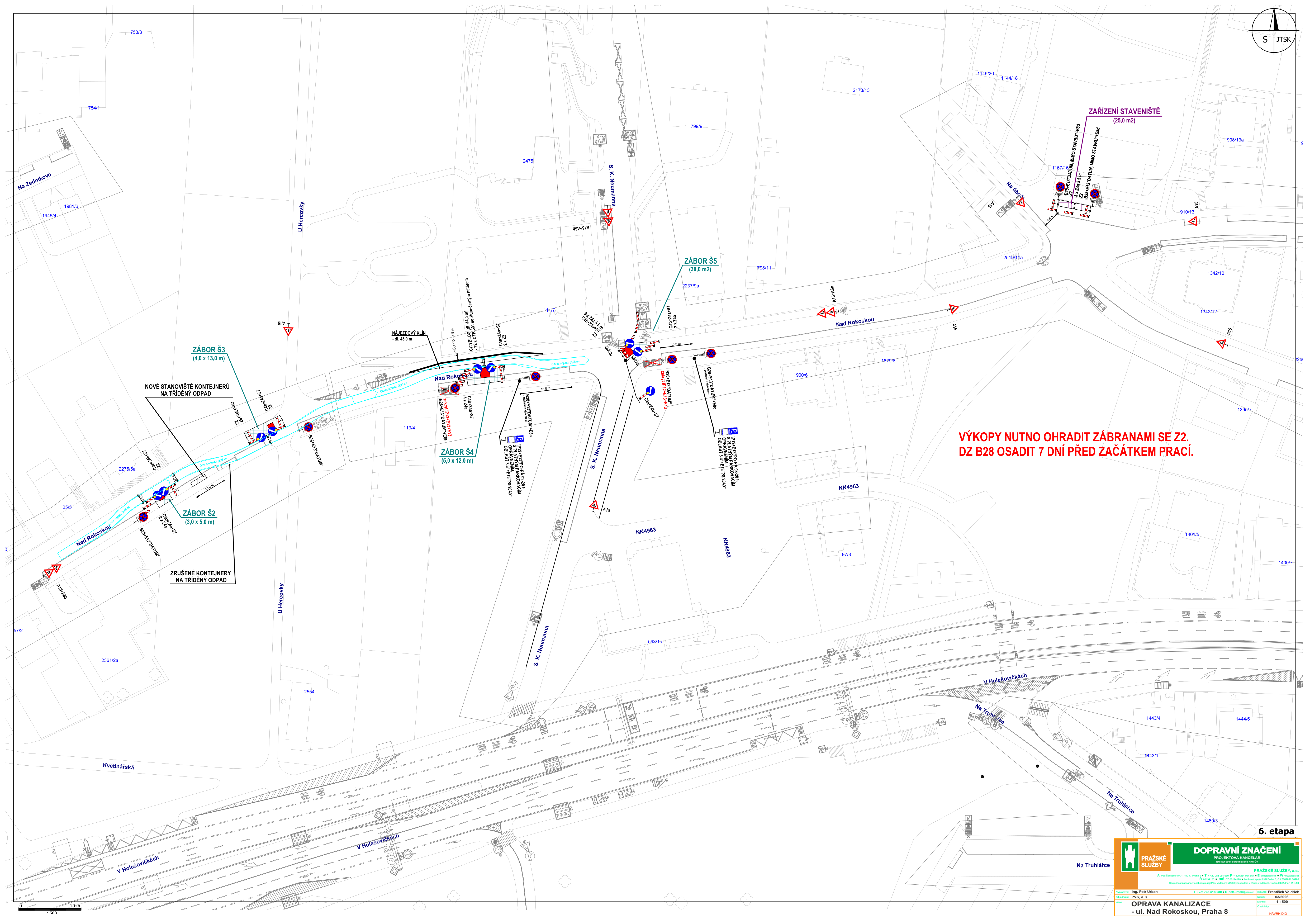 Koordinační situační výkres dopravního značení pro opravu kanalizace v ulici Nad Rokoskou v Praze 8.