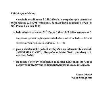 Oznámení pro občany MČ Praha 1 ohledně rozpočtových opatření pro rok 2026. Dokument uvádí, že rozpočtová opatření byla schválena Radou MČ Praha 1 dne 14. 9. 20…