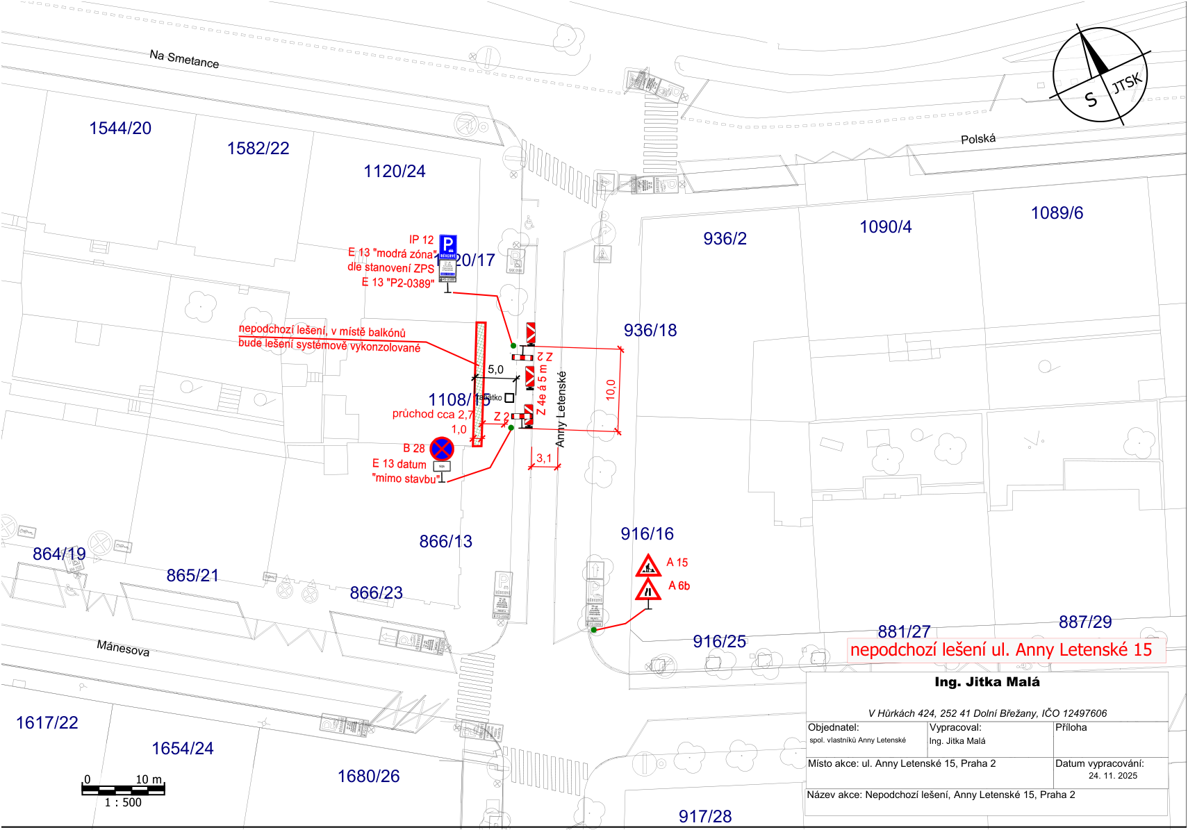 Situační nákres záboru veřejného prostranství pro lešení v ulici Anny Letenské.