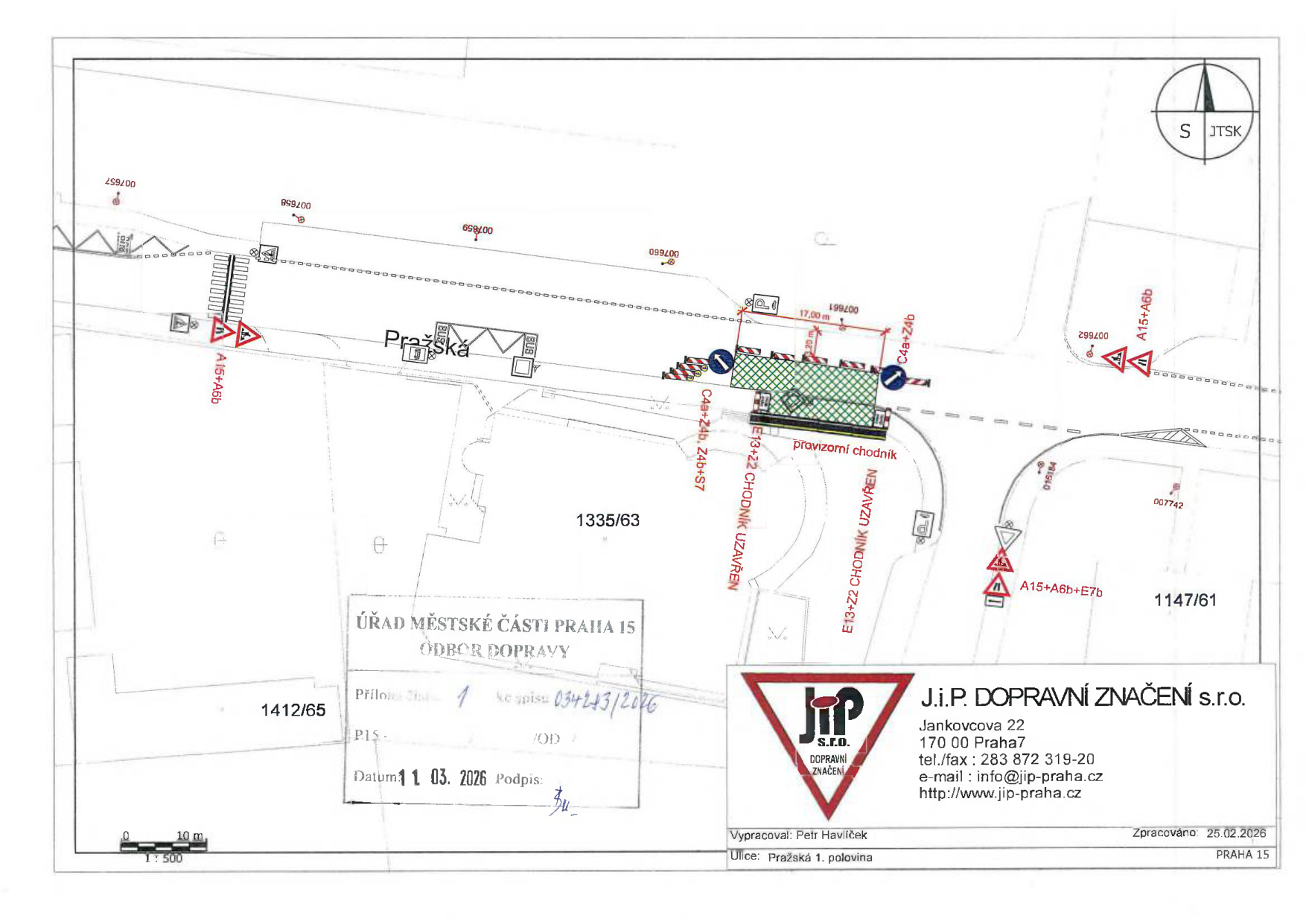 Situační nákres dopravního značení pro dočasné uzavření chodníku v ulici Pražská.
