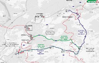 Mapa objízdných tras v oblasti Radošín, Černošice, Dobřichovice, Radotín. Zahrnuje 'OBJÍŽDNÁ TRASA TRANZIT (vozidla nad 3.5t)' a 'OBYÍŽDNÁ TRASA Radotín - Čern…