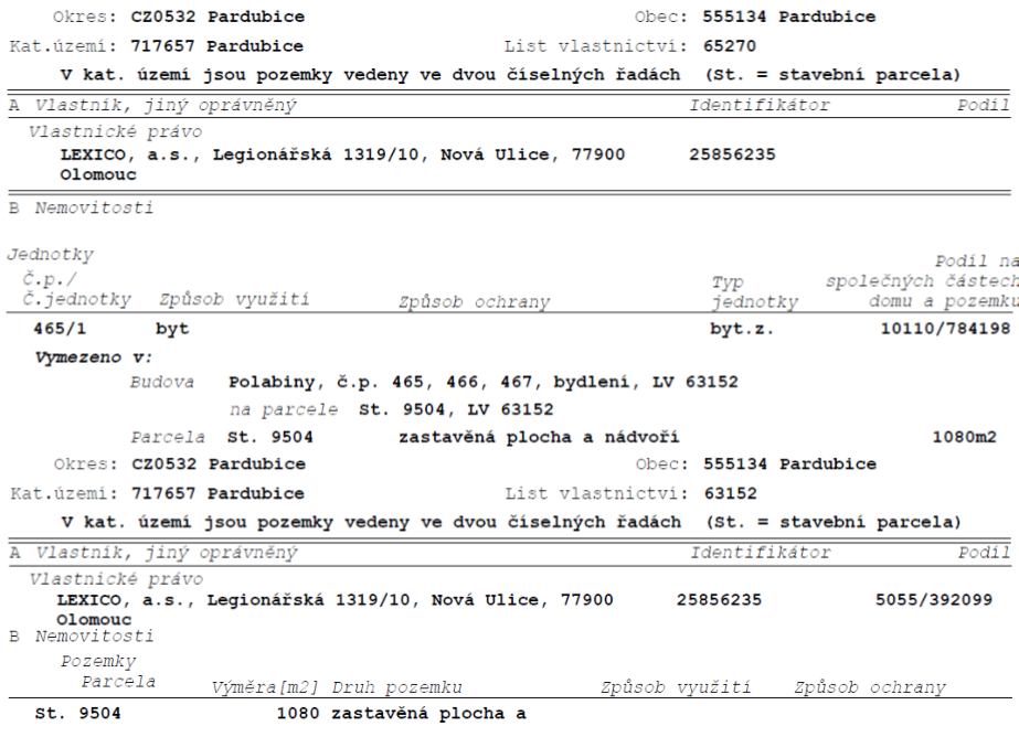Výpis z katastru nemovitostí. Část 1: Okres CZ0532 Pardubice, Obec 555134 Pardubice, Kat. území 717657 Pardubice, List vlastnictví 65270. Vlastník: LEXICO, a.s., Legionářská 1319/10, Nová Ulice, 77900 Olomouc, IČO 25856235. Jednotka č.p. 465/1, byt, podíl na společných částech domu a pozemku 10110/784198. Vymezeno v budově Polabiny, č.p. 465, 466, 467, bydlení, LV 63152, na parcele St. 9504, LV 63152. Parcela St. 9504, zastavěná plocha a nádvoří, 1080 m2. Část 2: Okres CZ0532 Pardubice, Obec 555134 Pardubice, Kat. území 717657 Pardubice, List vlastnictví 63152. Vlastník: LEXICO, a.s., Legionářská 1319/10, Nová Ulice, 77900 Olomouc, IČO 25856235, podíl 5055/392099. Pozemek: Parcela St. 9504, výměra 1080 m2, druh pozemku zastavěná plocha a nádvoří.