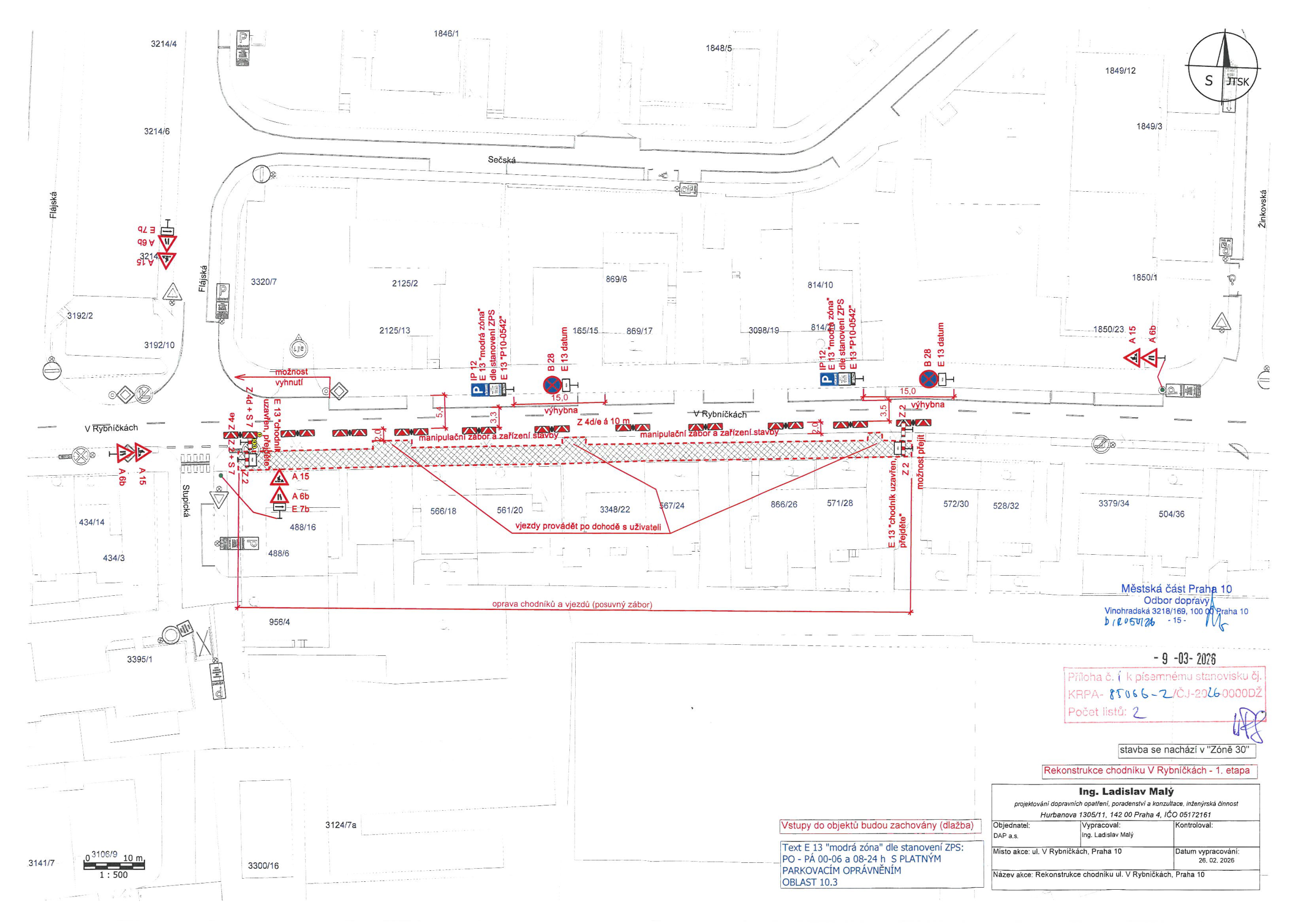Koordinační situační nákres dopravního značení pro rekonstrukci chodníku v ulici V Rybníčkách, Praha 10.