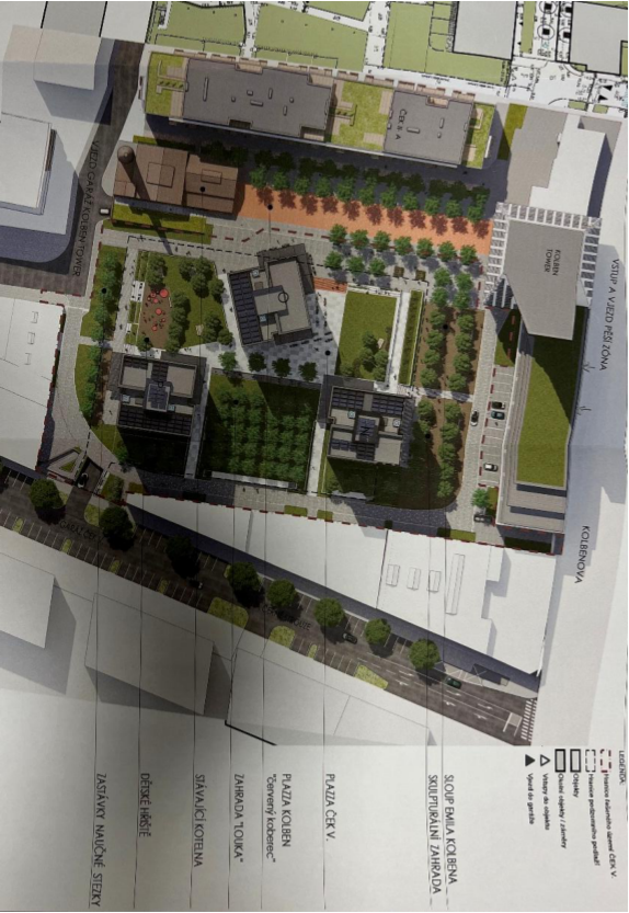 Vizualizace projektu a situační nákres území s označením jednotlivých prvků jako jsou zahrady, plaza a dětské hřiště.