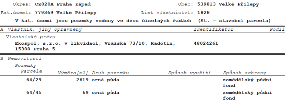 Výpis z katastru nemovitostí, List vlastnictví: 1828, Okres: CZ020A Praha-západ, Obec: 539813 Velké Přílepy, Katastrální území: 779369 Velké Přílepy. Vlastník: Ekospol, s.r.o. v likvidaci, Vrážská 73/10, Radotín, 15300 Praha 5, IČO: 48024261. Nemovitosti: Parcela 64/29, výměra 2619 m2, druh pozemku: orná půda, způsob ochrany: zemědělský půdní fond. Parcela 64/45, výměra 69 m2, druh pozemku: orná půda, způsob ochrany: zemědělský půdní fond.