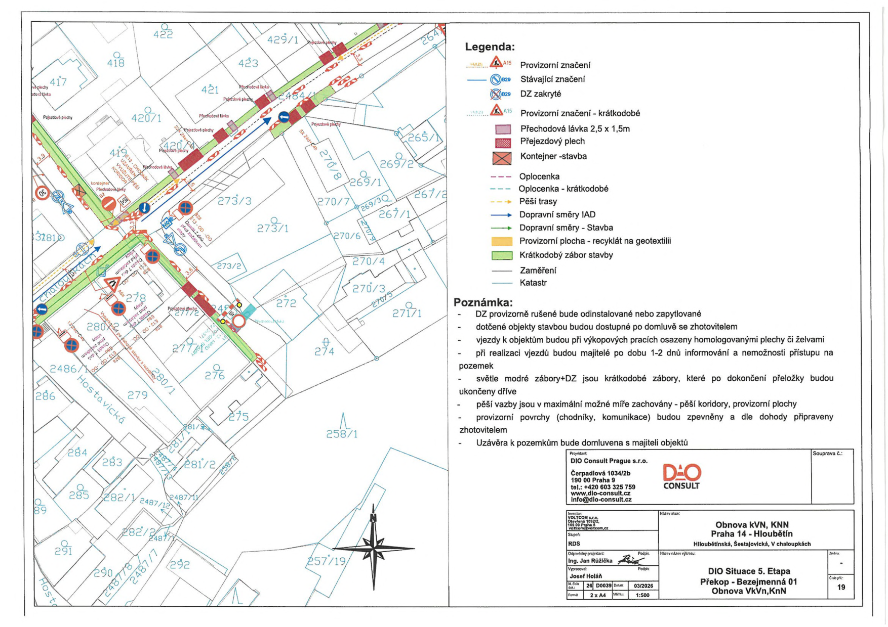 Dokument 'DIO Situace 5. Etapa Překop - Bezejmenná 01 Obnova VkVn, KnN' pro lokalitu Praha 14 - Hloubětín (ulice Hloubětínská, Šestajovická, V chaloupkách). Obsahuje situační nákres dopravního značení a omezení v souvislosti se stavbou. Legenda: provizorní značení, přechodová lávka, přejezdový plech, kontejner, oplocení, pěší trasy, dopravní směry. Poznámky: DZ provizorně rušené bude odinstalované nebo zapytlované, dotčené objekty budou dostupné po domluvě, vjezdy budou řešeny plechy či želvami, majitelé budou informováni 1-2 dny předem, pěší vazby budou zachovány, provizorní povrchy budou zpevněny. Projektant: DIO Consult Prague s.r.o., Čerpadlová 1034/2b, 190 00 Praha 9, tel: +420 603 325 759, www.dio-consult.cz. Investor: VOLTCOM s.r.o. Datum: 03/2026. Měřítko: 1:500.