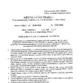 Úřední oznámení Městské části Praha 1, odbor technické a majetkové správy, pořadové číslo 47/6-7/2026/Z. Záměr pronájmu nebytového prostoru č. 440/101 v domě n…