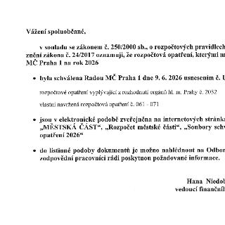 Oznámení pro občany městské části Praha 1 ohledně rozpočtových opatření pro rok 2026 v souladu se zákonem č. 250/2000 Sb. (v platném znění). Dokument informuje…