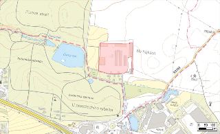 Situační mapa území s vyznačeným objektem (červený obdélník). Obsahuje popisné názvy lokalit: 'Rizova stráň', 'Černáček', 'Černý ryb.', 'botanická zahrada', 'N…