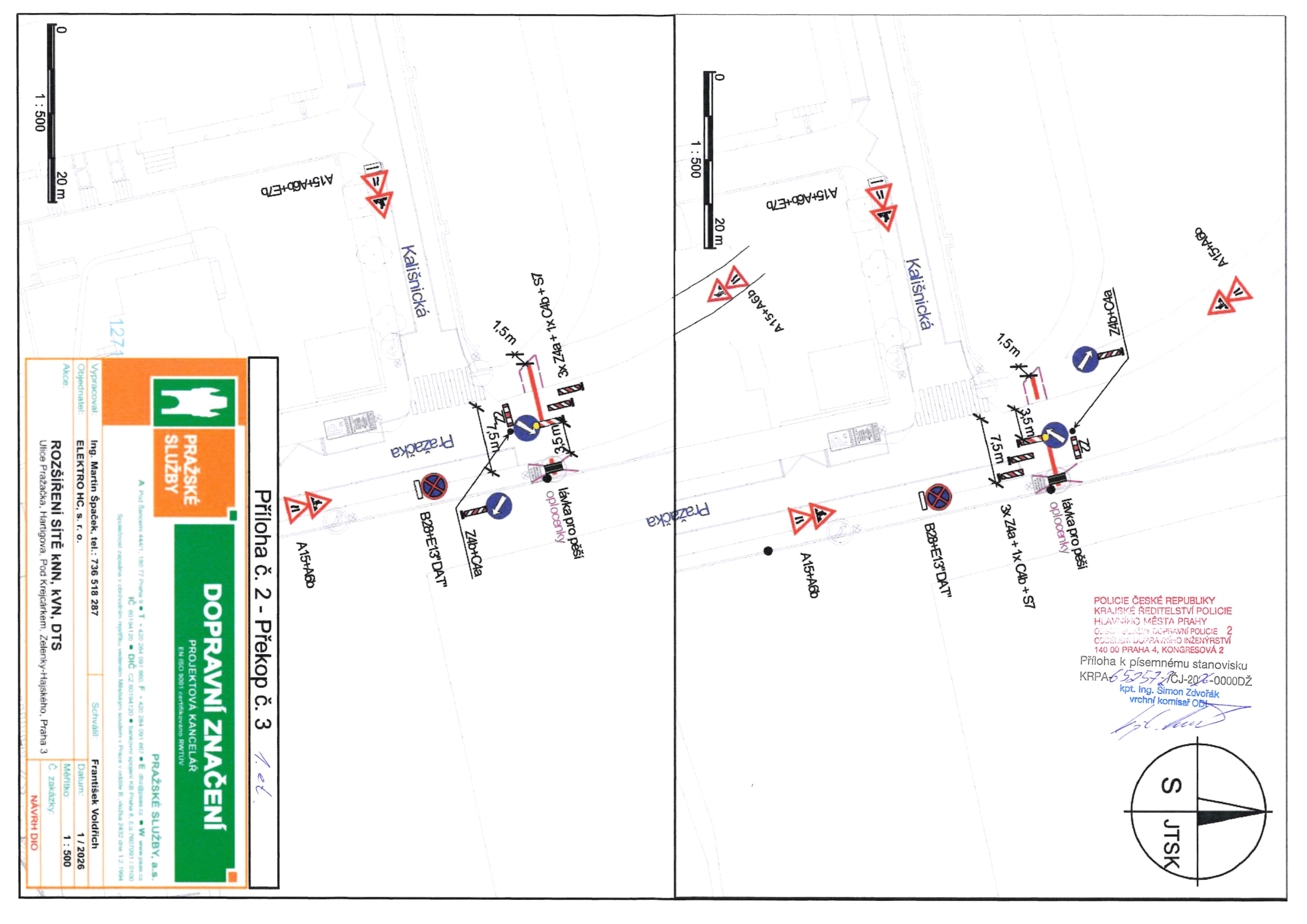 Dopravní plán (situační nákres) značení pro stavbu "Rozšíření sítě KNN, KVN, DTS" na ulicích Kališnická a Pražačka.