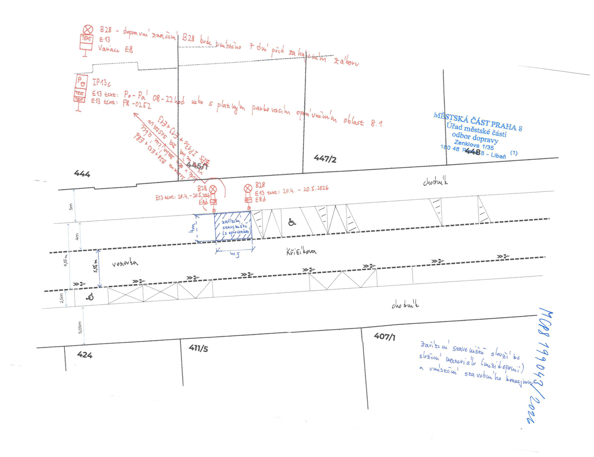 Situační nákres dopravního značení a záboru komunikace pro staveniště v ulici Křižíkova.