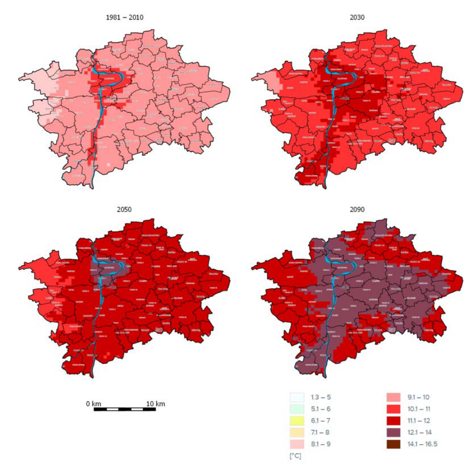 Sada čtyř mapových vizualizací znázorňujících vývoj průměrné teploty v Praze v čase. Jednotlivé mapy představují období: 1981–2010, 2030, 2050 a 2090. Legenda uvádí teplotní intervaly ve stupních Celsia [°C]: 1.3–5, 5.1–6, 6.1–7, 7.1–8, 8.1–9, 9.1–10, 10.1–11, 11.1–12, 12.1–14, 14.1–16.5. Součástí je měřítko 0–10 km.