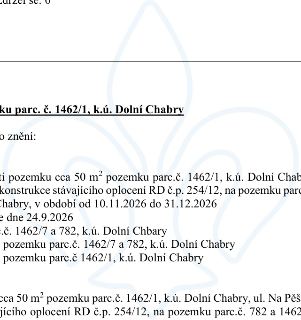 Naskenovaná stránka textového dokumentu týkajícího se pozemku parc. č. 1462/1, k.ú. Dolní Chabry. Text obsahuje: 'ku parc. č. 1462/1, k.ú. Dolní Chabry', 'o zn…