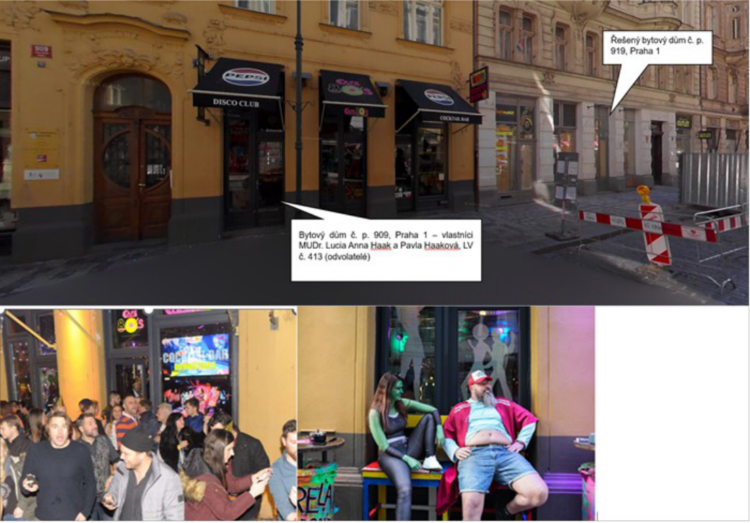 Fotografie bytového domu č. p. 909 a 919 v Praze 1, včetně popisu vlastníků a ilustračních snímků provozu v objektu.