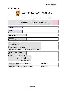 Formulář 'Vyúčtování finančního příspěvku v plném rozsahu' pro Městskou část Praha 2. Obsahuje pole pro: Program, Subjekt (název + adresa), Název projektu, Čís…