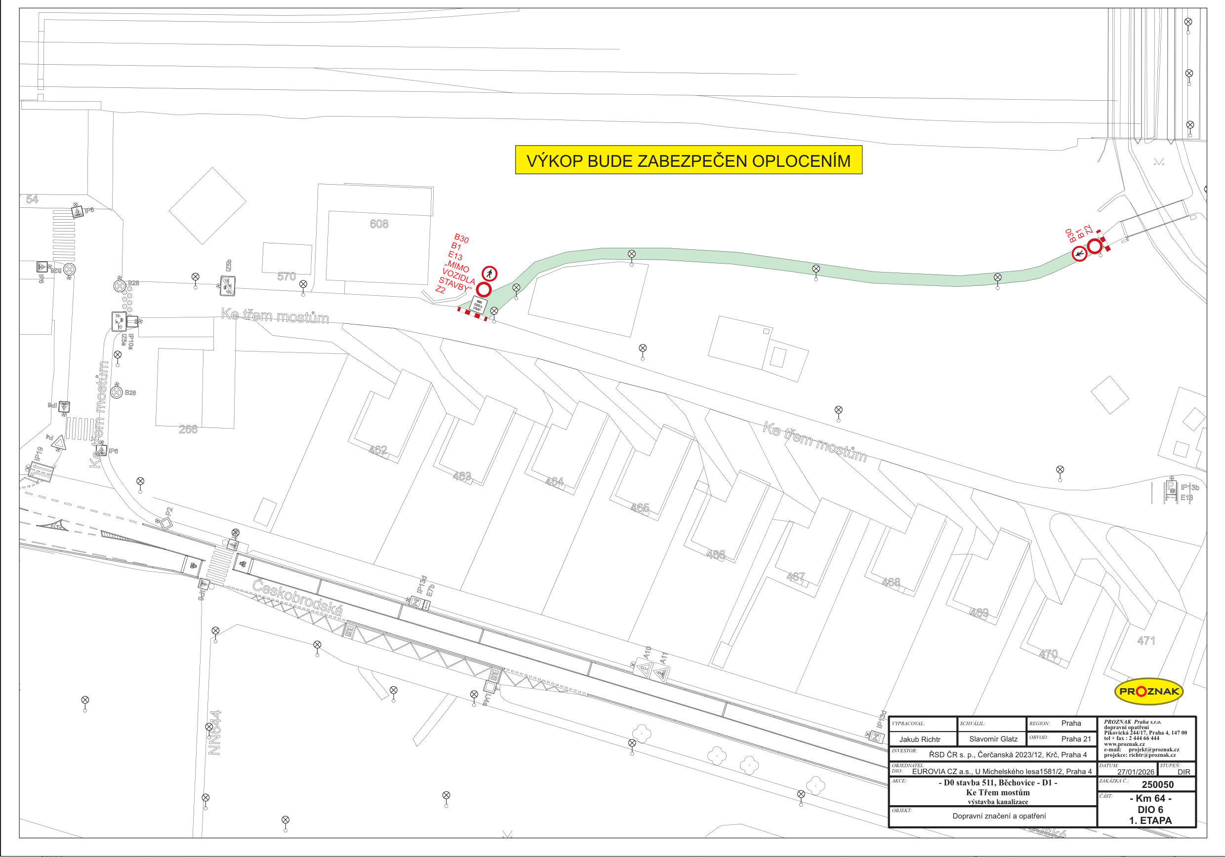 Situační nákres dopravního značení a uzavírky v rámci stavby kanalizace v ulici Ke Třem mostům.