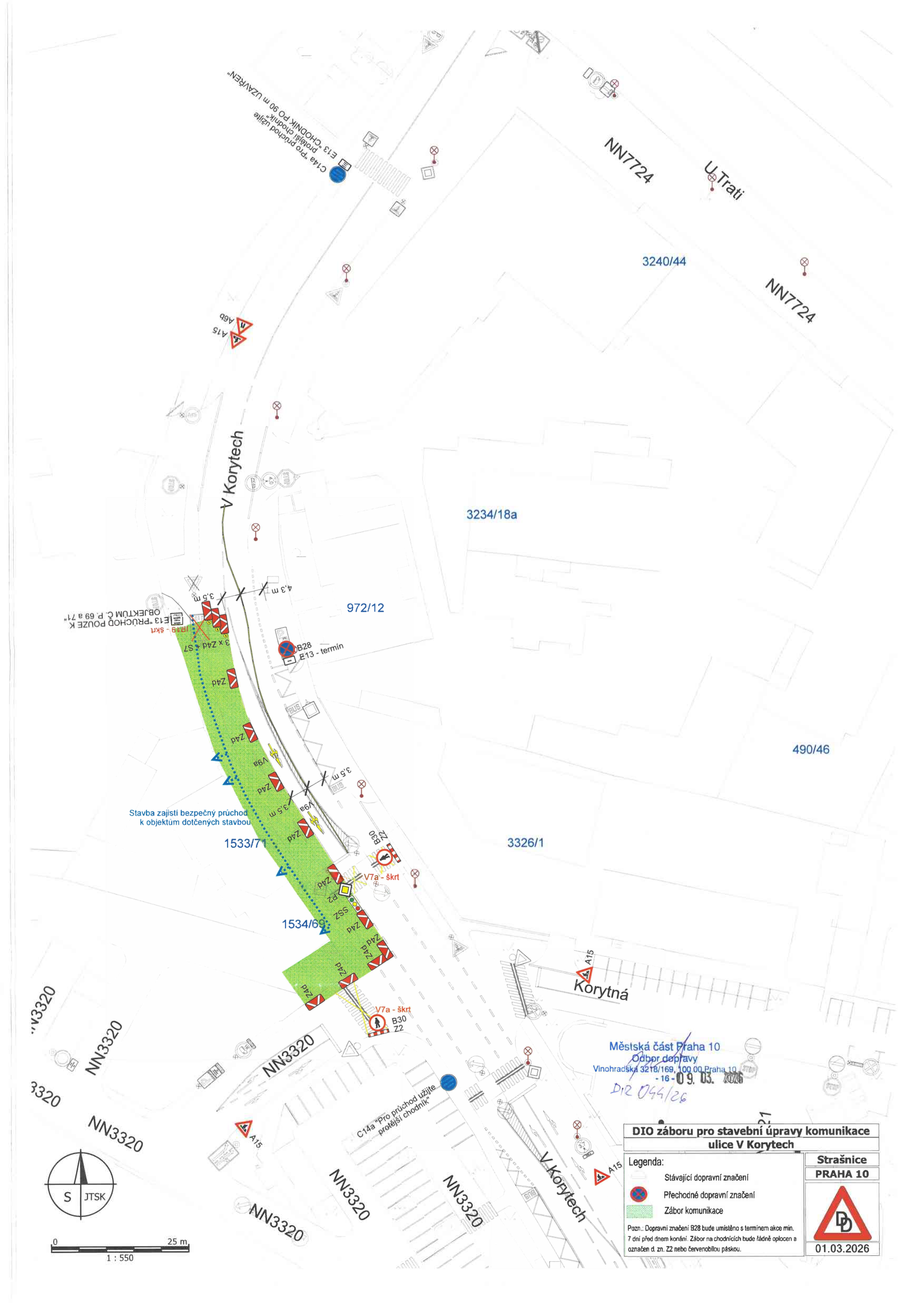 Dopravně inženýrské opatření (DIO) pro zábor komunikace v ulici V Korytech v Praze 10.
