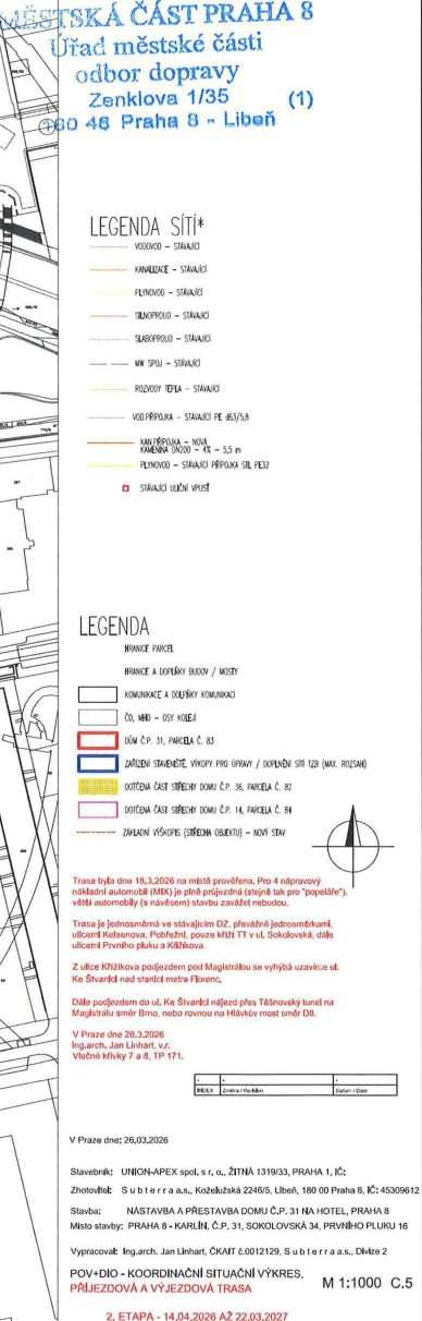 Koordinační situační výkres stavby a příjezdové trasy pro stavební řízení v Praze 8.