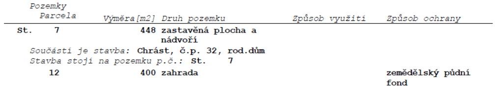 Výpis z katastru nemovitostí obsahující údaje o pozemcích (parcela St. 7 a 12) a stavbě (rodinný dům).