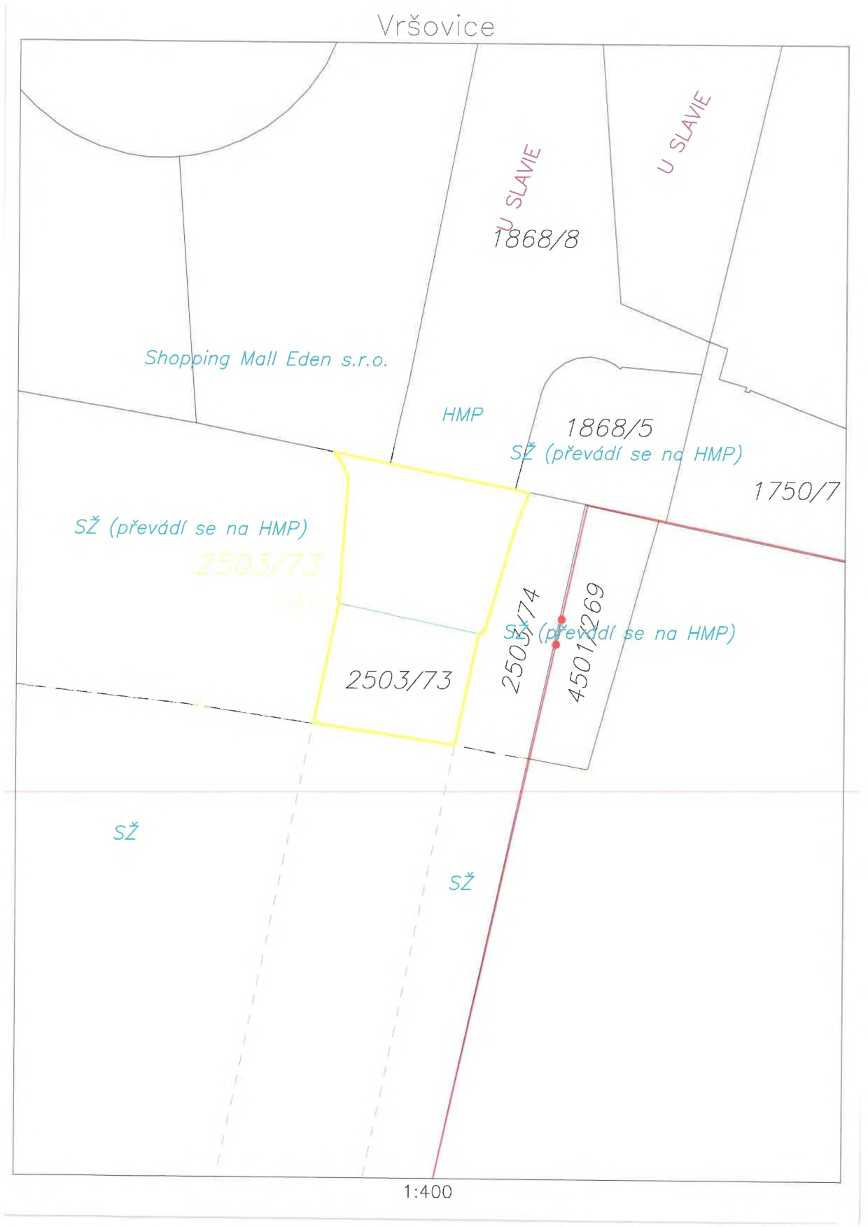 Katastrální mapa nebo situační nákres území ve Vršovicích s vyznačenými parcelami a informacemi o vlastnictví (SŽ, HMP).