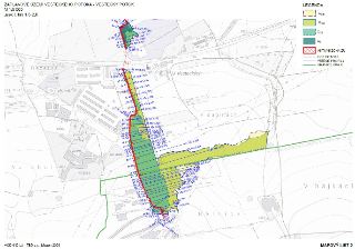 ZÁPLAVOVÉ ÚZEMÍ VESTECKÉHO POTOKA - VESTECKÝ POTOK, M 1:5 000, úsek ř. km 1,6-2,8. LEGENDA: Q500, Q100, Q20, Q5, AKTIVNÍ ZÓNA ZÚ, OSA POTOKA, PŘÍČNÉ PROFILY, H…