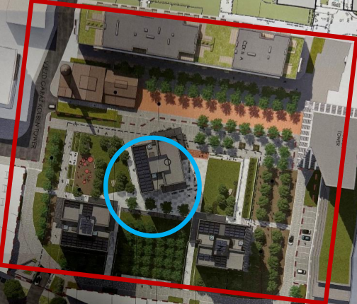 Koordinační situační výkres plánované zástavby s vyznačením objektů a okolního terénu.