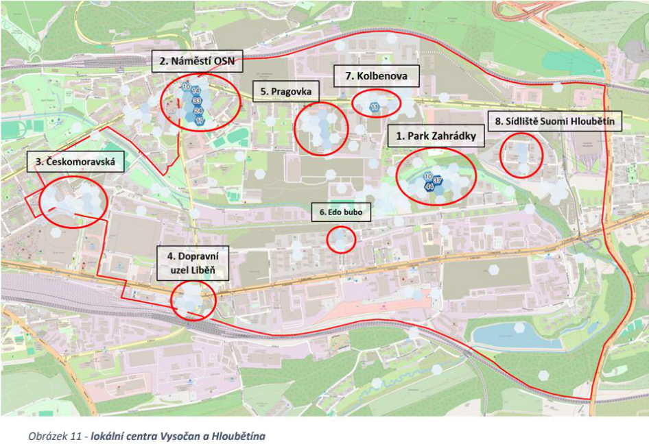 Schéma lokálních center v oblasti Vysočan a Hloubětína s vyznačenými významnými body v mapovém podkladu.